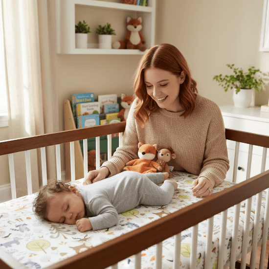 Drap housse lit bébé et Maman rousse doudous – drap forêt