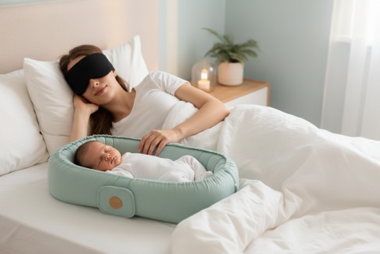 nid bebe et Maman se reposant avec masque et bébé dans nid d'ange