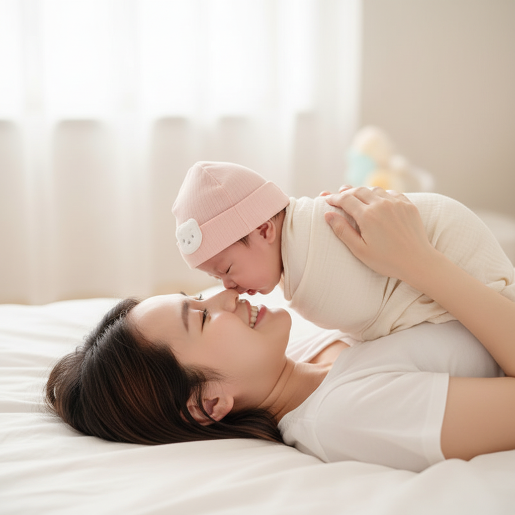 cocon emmaillotage
et sa Maman soulève bébé bonnet blanc
