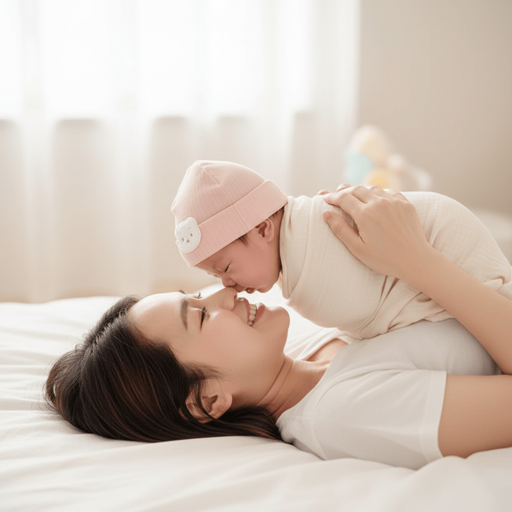 cocon emmaillotage
et sa Maman soulève bébé bonnet blanc