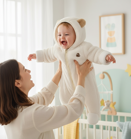 combinaison bebe ourson
Maman soulevant bébé en combinaison blanche