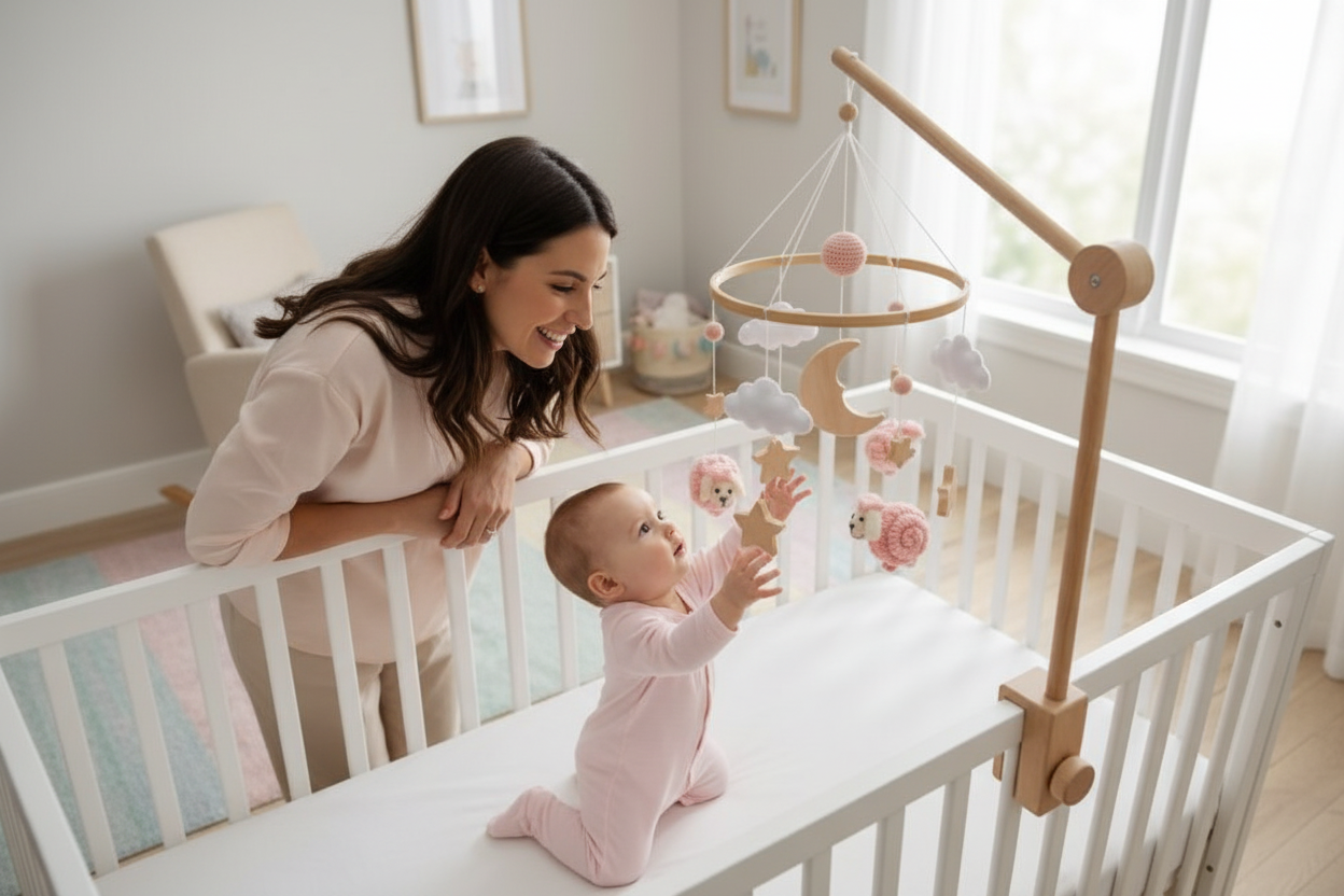 mobile bebe en bois Maman souriante bébé mobile ourson rose