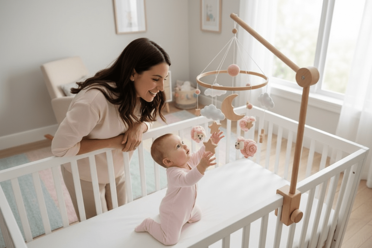 mobile bebe en bois Maman souriante bébé mobile ourson rose