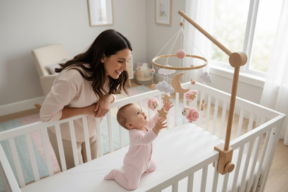 mobile bebe en bois Maman souriante bébé mobile ourson rose