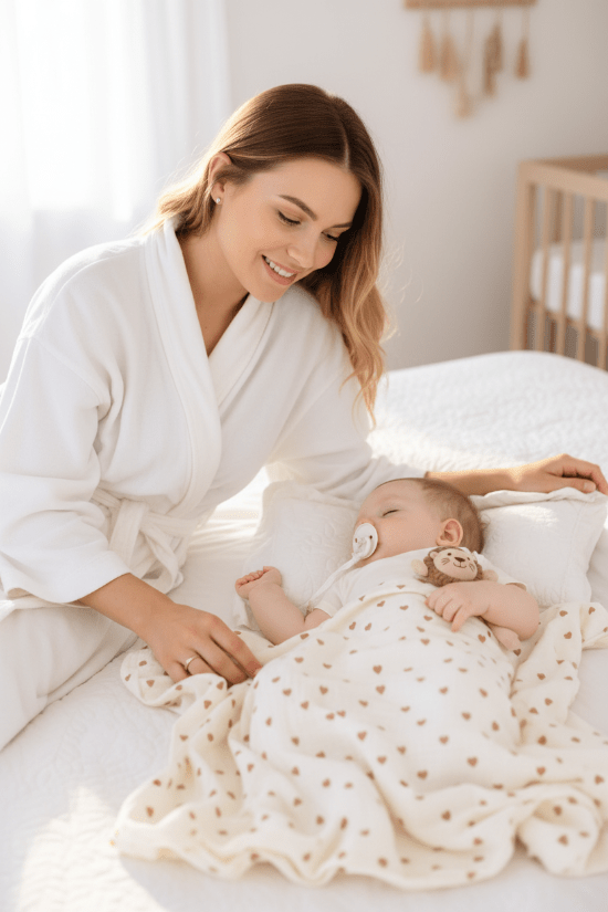 attache sucette pour bebe et sa Maman sourit bébé endormi couverture cœurs