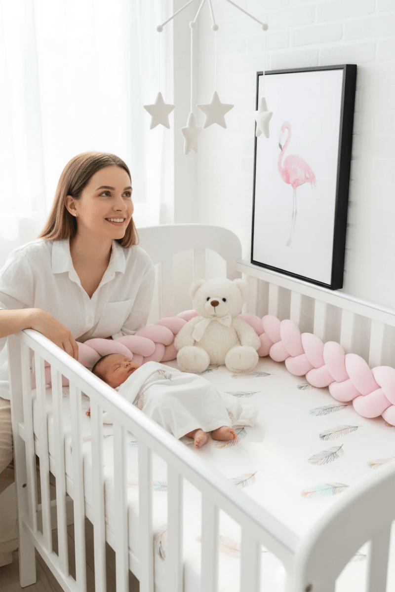 tresse de lit rose bebe sur le dos Maman sourit mobile bébé nounours tresse rose plumes