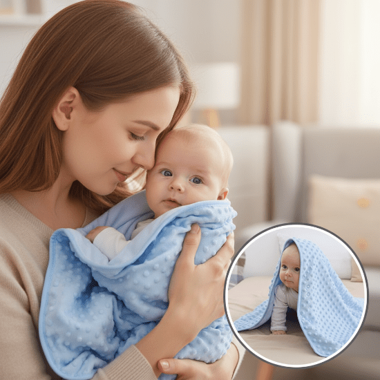  Couverture Coton Bébé Coloris Confort - 6 Utilisations Maman tenant bébé avec couverture bleue bubble