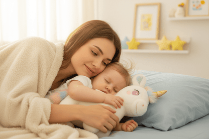 licornes peluches et Maman tenant bébé endormi avec licorne peluche