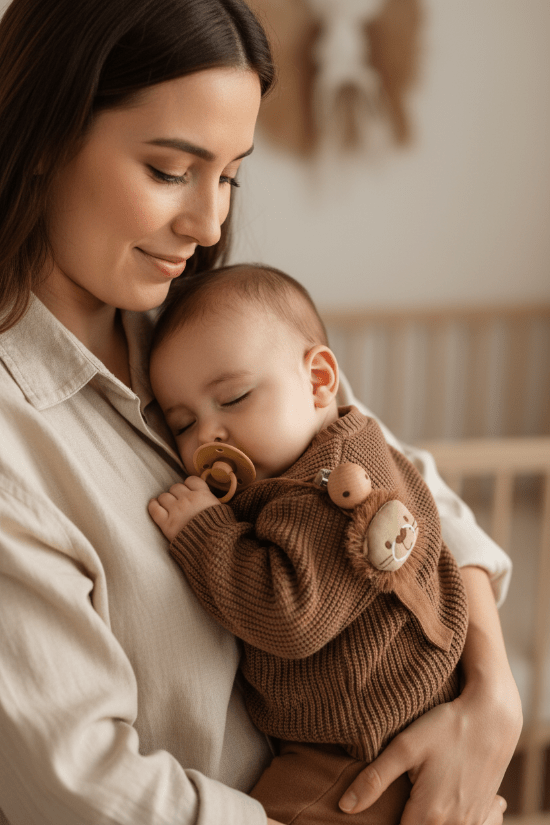 attache sucette pour bebe et sa Maman tient bébé pull marron attache lion