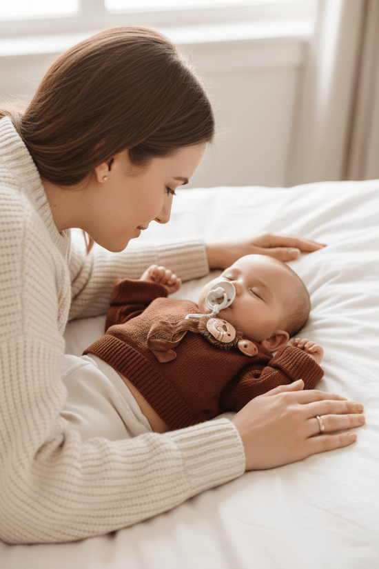 attache sucette pour bebe avec Maman veille bébé endormi attache lion