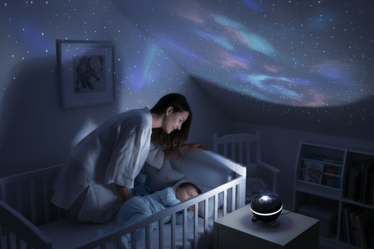 Maman veille bébé endormi étoiles