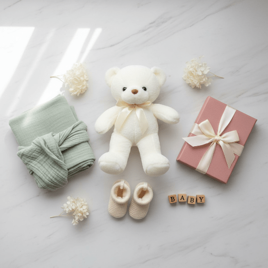 Ours en peluche et Mise en scène cadeau naissance ourson