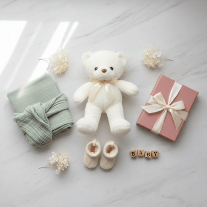 Ours en peluche et Mise en scène cadeau naissance ourson