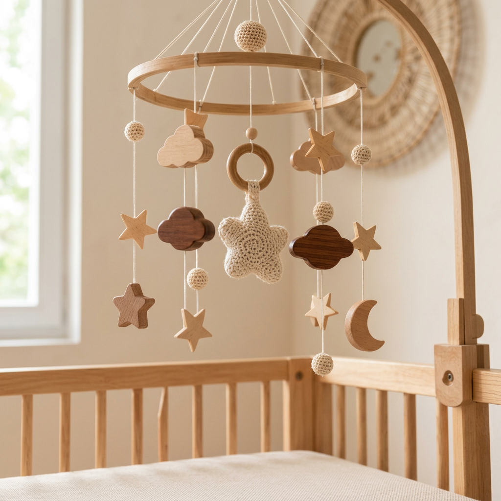 Mobile en bois et crochet dans une chambre bébé lumineuse