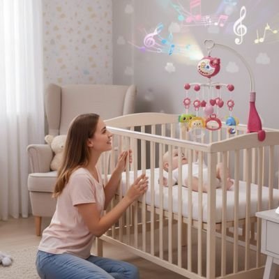 Mobile musical bébé avec maman souriante