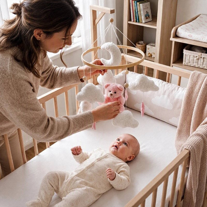mobile bébé montessori un mobile bebe en bois avec bebe et maman Gros plan mobile et bébé souriant