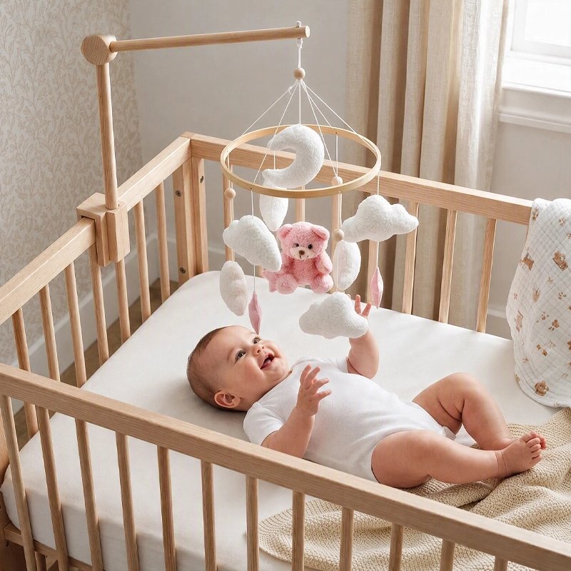 mobile bébé montessori un mobile bebe en bois avec bebe souriant et heureux