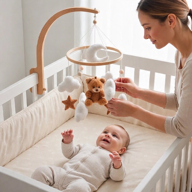 mobile bébé montessori un mobile bebe en bois avec maman qui sourit