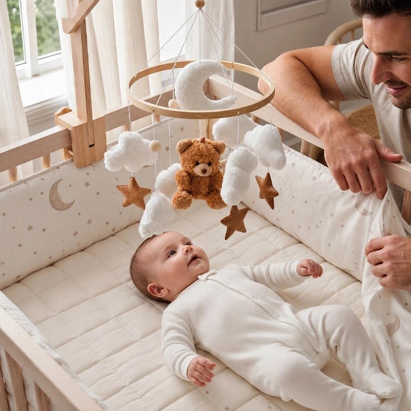 mobile bébé montessori  un mobile bebe en bois avec papa et bebe souriant et heureux