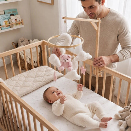 mobile bébé montessori  un mobile bebe en bois avec papa souriant 