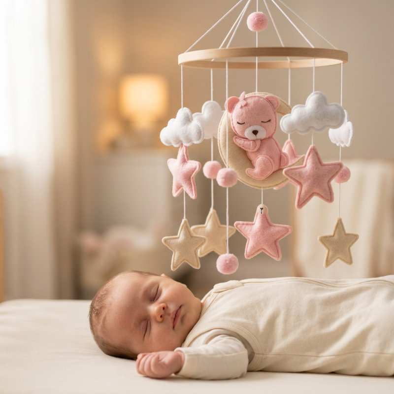 mobile lit bébé  avec le Mobile ourson rose en gros plan avec bébé