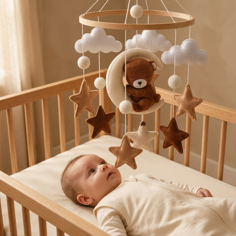 mobile lit bébé avec un beau Mobile ourson marron en gros plan avec bébé
