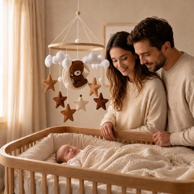 mobile lit bébé mobile ourson nuage et ourson papa et maman qui regardent  