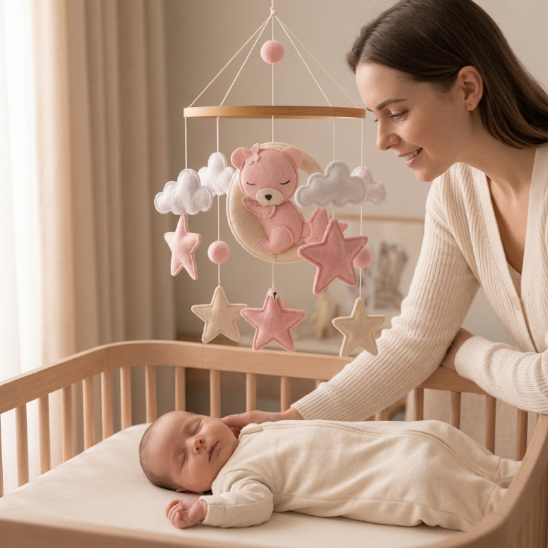 mobile lit bébé un beau mobile rose  Maman et bébé avec le mobile ourson rose en plan rapproché