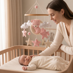 mobile lit bébé un beau mobile rose  Maman et bébé avec le mobile ourson rose en plan rapproché