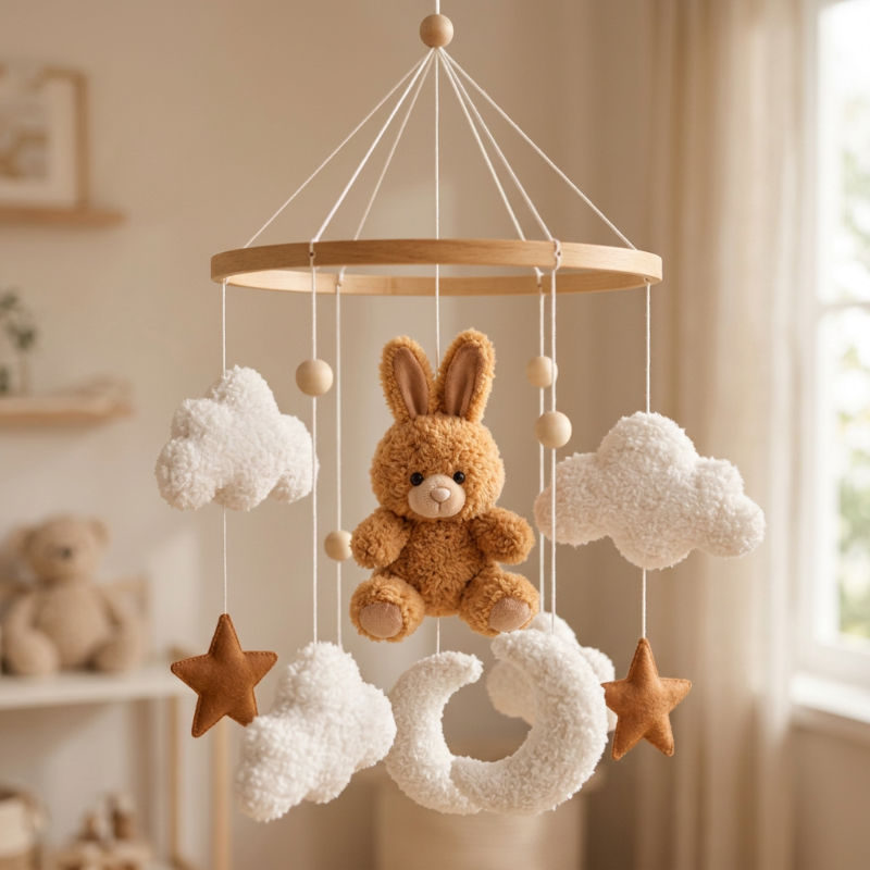 mobile lit bebe Gros plan du lapin brun entouré de nuages blancs