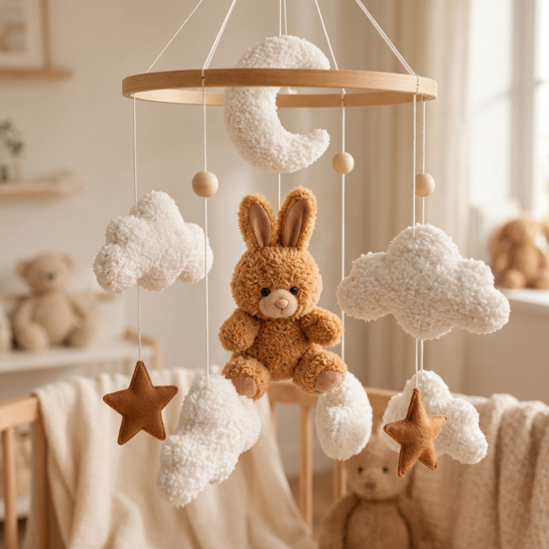 mobile lit bebe Gros plan du mobile lapin brun et de ses nuages
