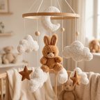 mobile lit bebe Gros plan du mobile lapin brun et de ses nuages