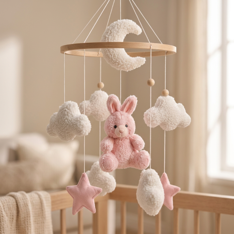 mobile lit bebe Gros plan du mobile lapin rose et de ses détails