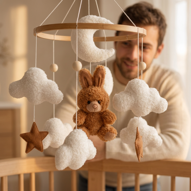 mobile lit bebe et Mobile lapin brun au premier plan avec papa en arrière-plan