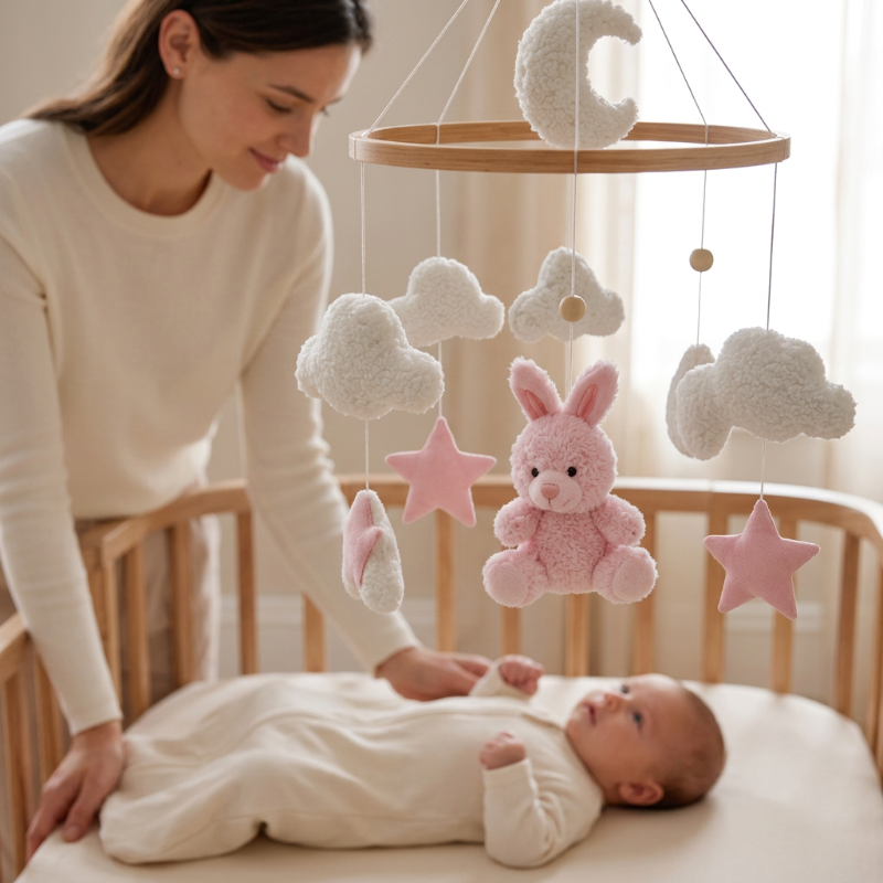 mobile lit bebe un Mobile lapin rose au premier plan avec maman et bébé