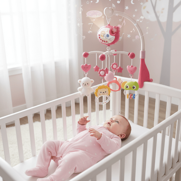 mobile musical bébé avec le Bébé fasciné par le mobile rose