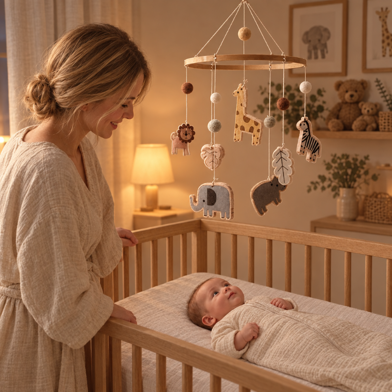 mobile pour lit Bébé Maman et bébé dans une chambre cosy le soir avec le mobile jungle