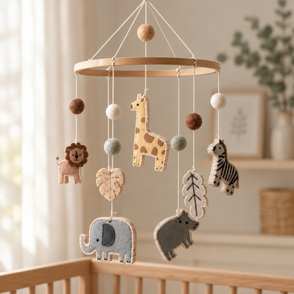 mobile pour lit Bébé Mobile jungle en ambiance cosy, vue rapprochée