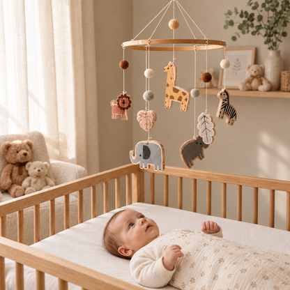 mobile pour lit Bébé éveillé regardant le mobile jungle dans une ambiance cosy