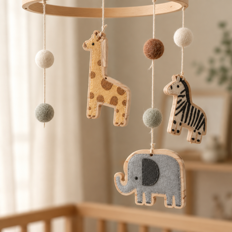 mobile pour lit bébé Gros plan sur les animaux du mobile jungle