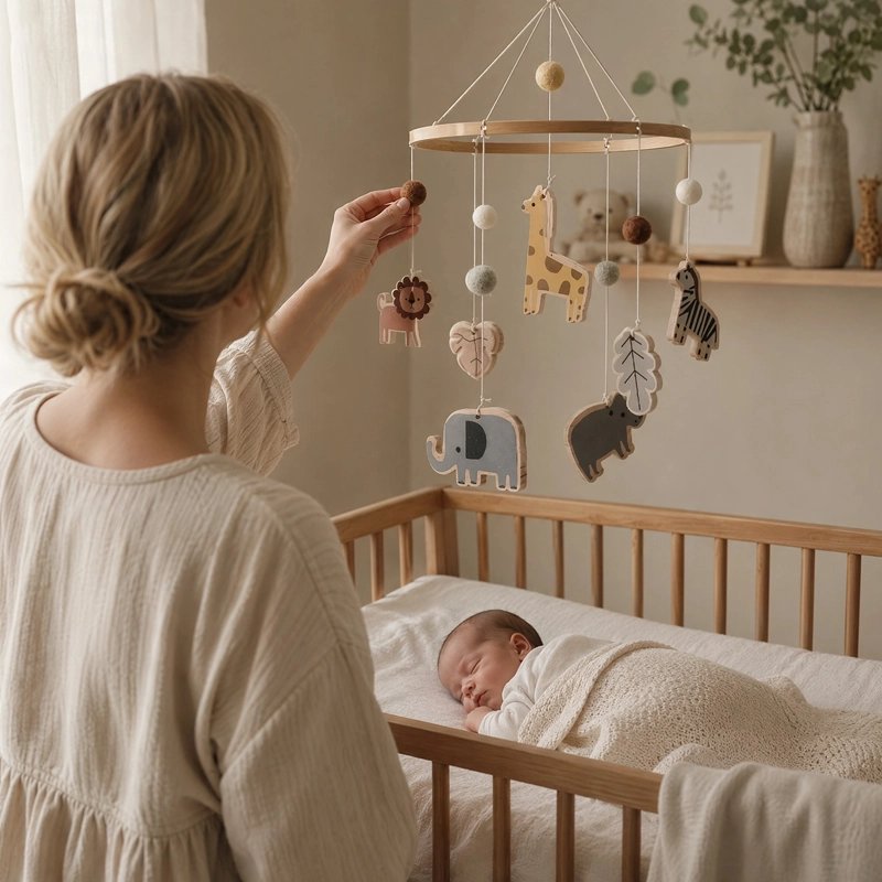 mobile pour lit bébé Maman et bébé dans une chambre cosy le soir avec le mobile jungle