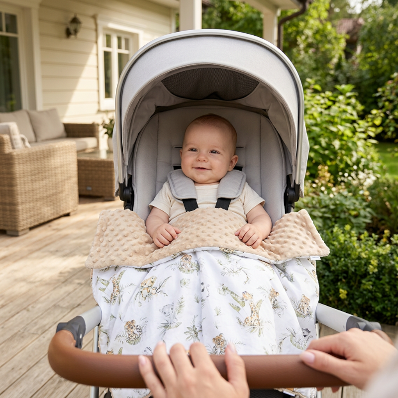 nid d'ange fille Bébé en poussette avec la couverture safari beige dans un décor chaleureux