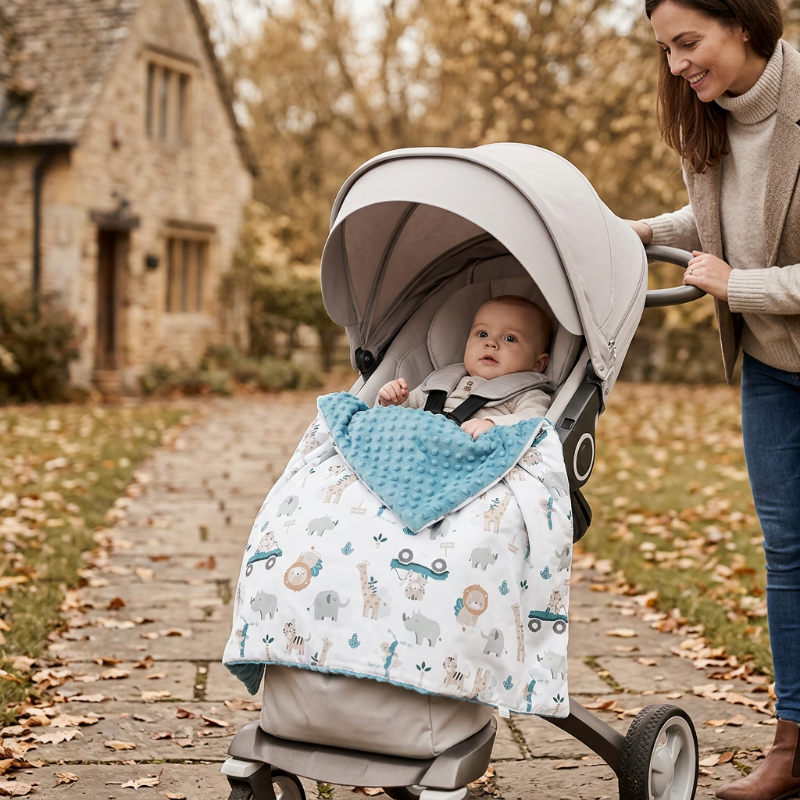 nid d'ange fille Bébé en poussette avec la couverture safari bleue pendant une promenade
