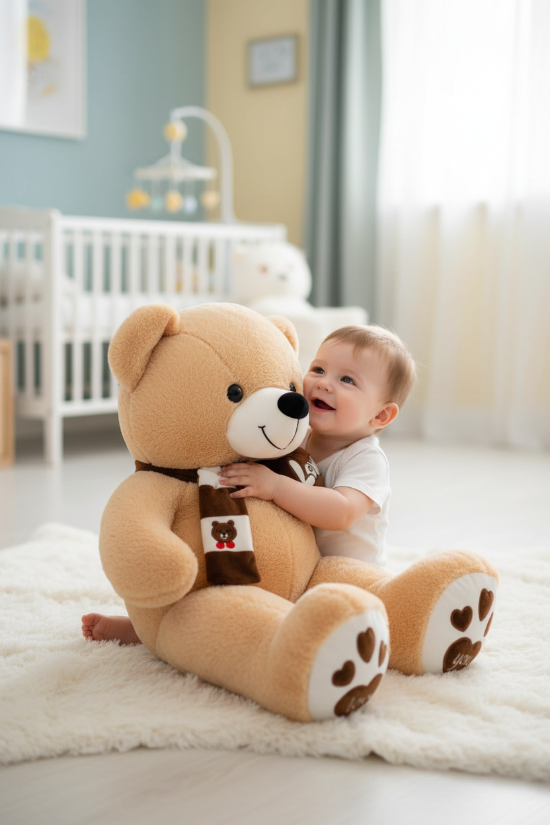 ourson en peluche Bébé garçon jouant avec l'ourson brun geant