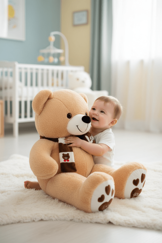 Ourson Peluche Gros Compagnon - Doudou Géant
ourson en peluche Bébé garçon jouant avec l'ourson brun geant