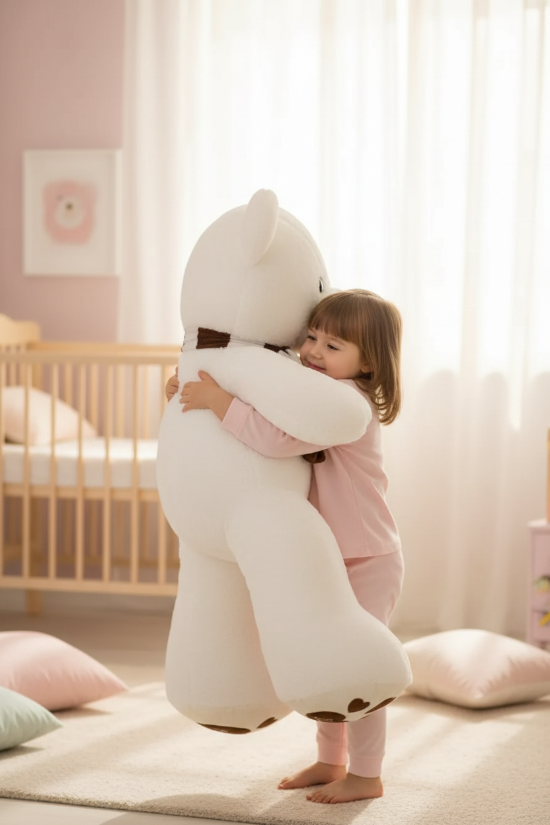 ourson en peluche Fillette câlinant l'ourson blanc 80cm
