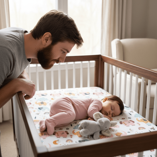 Drap housse lit bebe et Papa bébé endormi