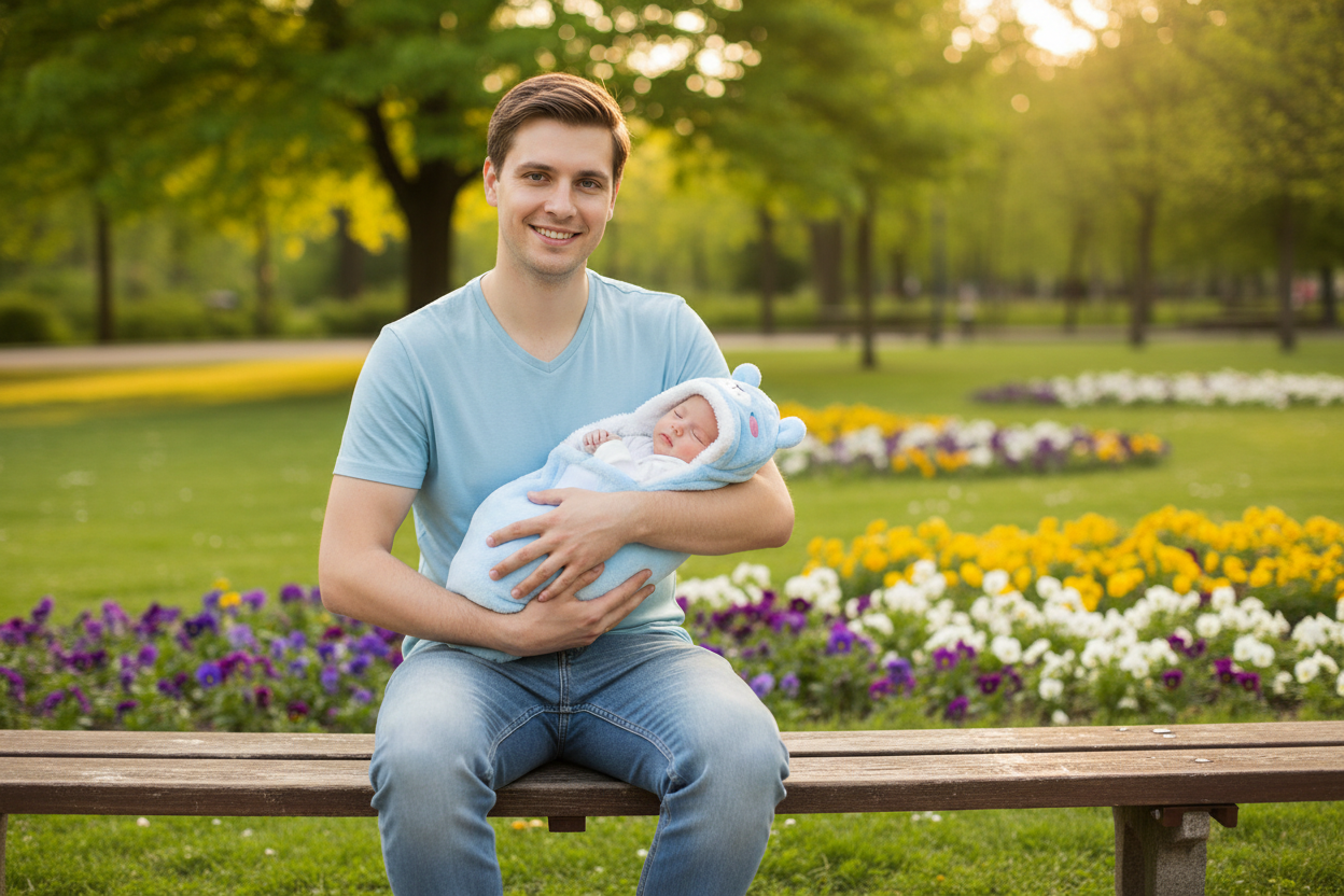 Papa bébé nid dange bleu ourson banc parc
