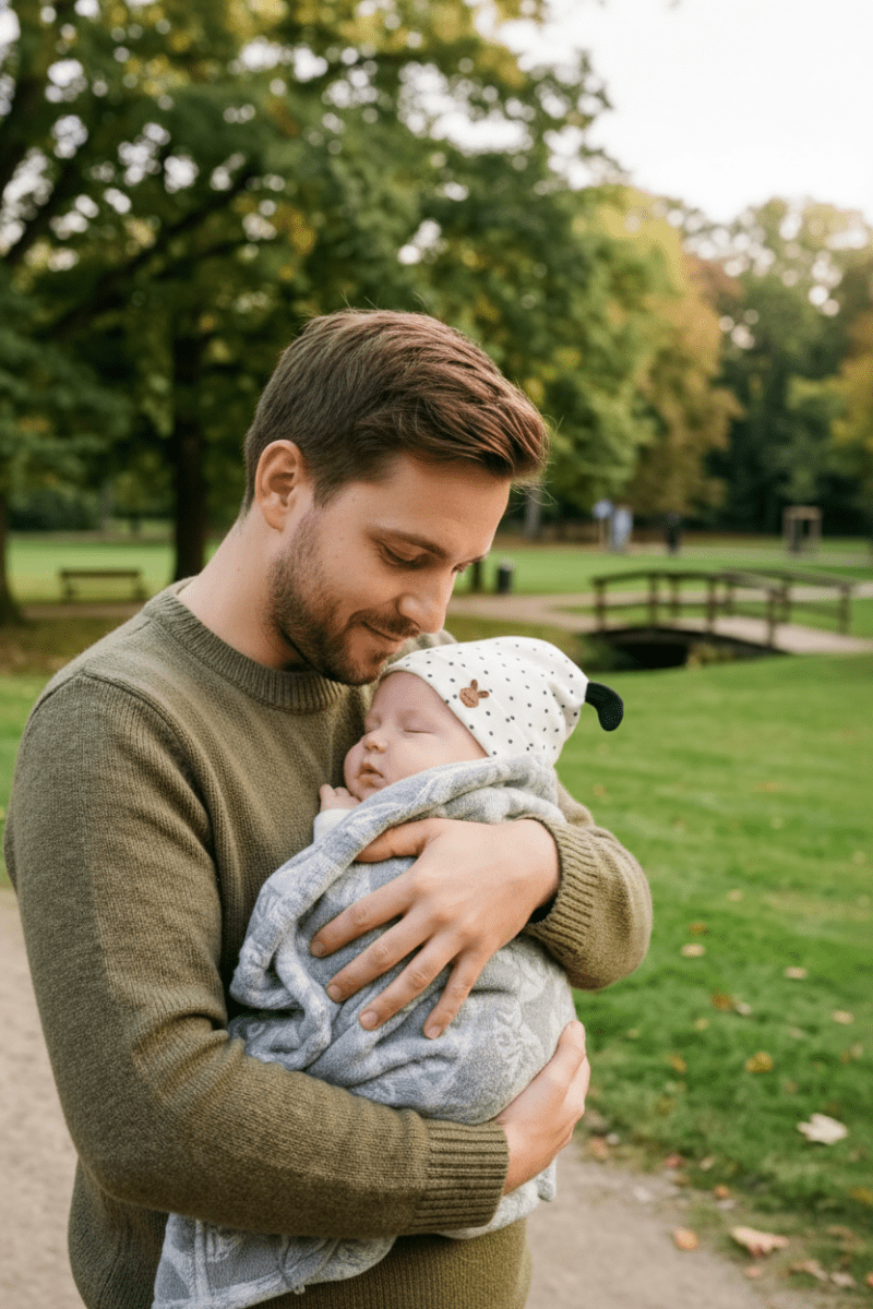 Bonnet bébé naissance et son Papa berce bébé endormi parc bonnet lapin