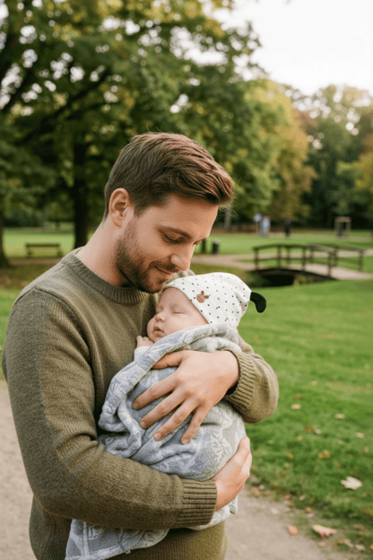 Bonnet bébé naissance et son Papa berce bébé endormi parc bonnet lapin